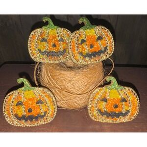 Tahari‎ Set of 4 Beaded Glitter Pumpkin Napkin Rings Halloween Decor Table